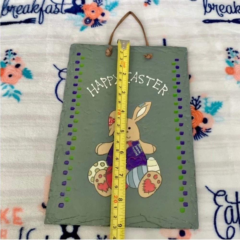 VTG Rustic Stone Happy Easter Cute Stitched Rabbit Stoneware Wall Art